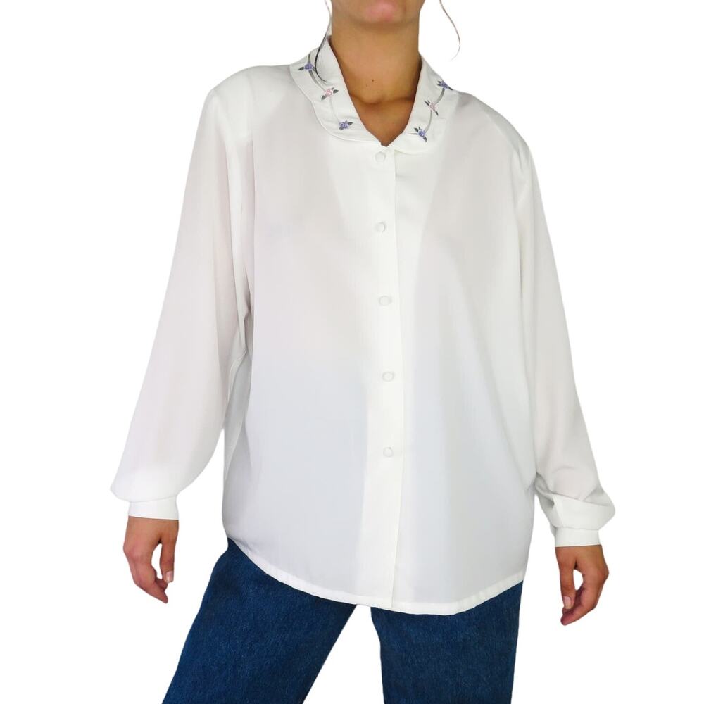 80s Koret Vintage White Blouse Embroidered Flowers on Collar Large Cottage